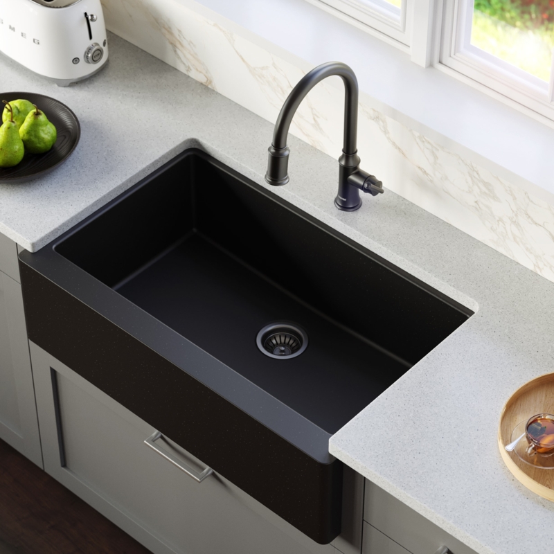 Farmhouse Sink: Matte Black Quartz Composite, Undermount Single Bowl Design