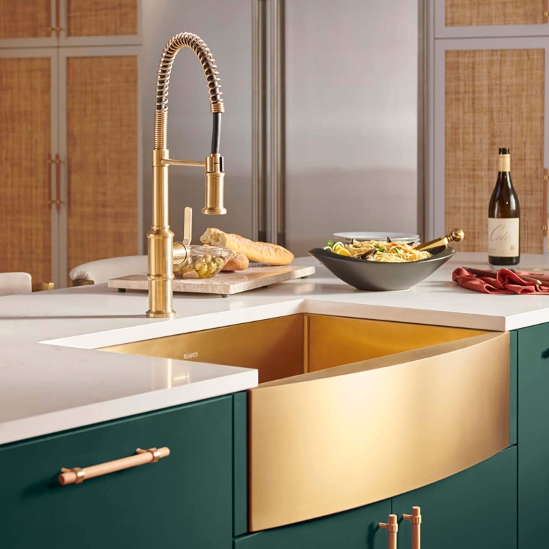 Farmhouse Sink: Matte Gold Stainless Steel Apron Front with Curved Basin