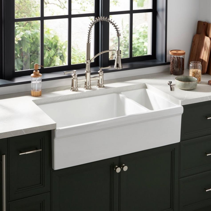 Farmhouse Sink: Offset Double Bowl, White Fireclay Apron Front Divider