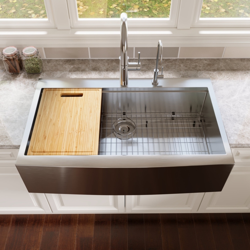 Farmhouse Sink: Silver Grey Stainless Steel Workstation with Dual Faucets