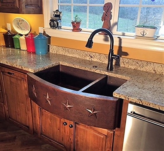 Farmhouse Sink: Star Design Apron, Hammered Copper Double Bowl Front