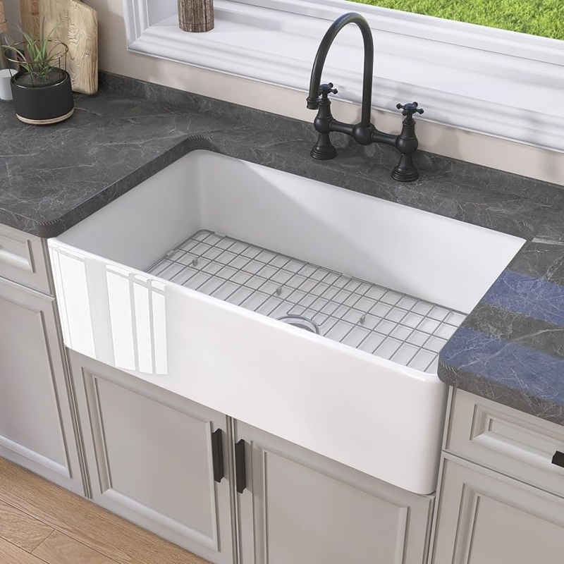 Farmhouse Sink: White Fireclay Apron Front, Bridge Faucet & Glossy Finish