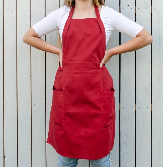 Farmhouse Style Bib Apron, Crimson Red, Dual Patch Pockets