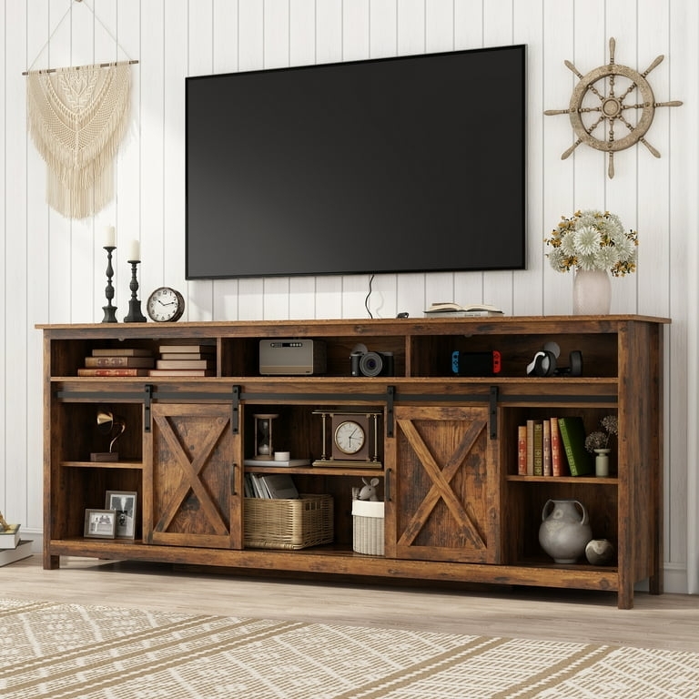 Farmhouse TV Stand: Sliding Barn Doors, X-Frame Detail, Rustic Walnut.