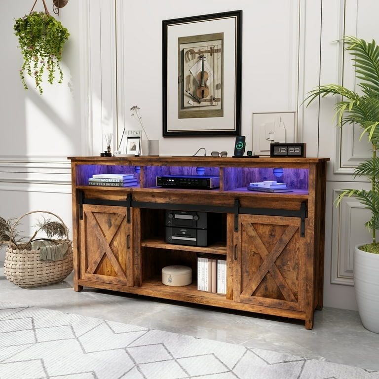 Farmhouse TV Stand with LED Accent Lighting and X-Brace Sliding Doors