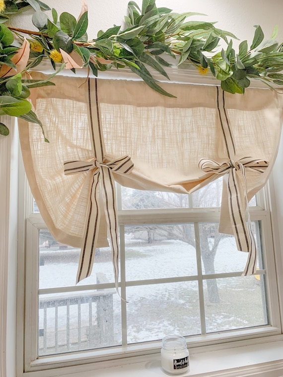 Farmhouse Valance, Cream Slub Fabric with Striped Ribbon Ties