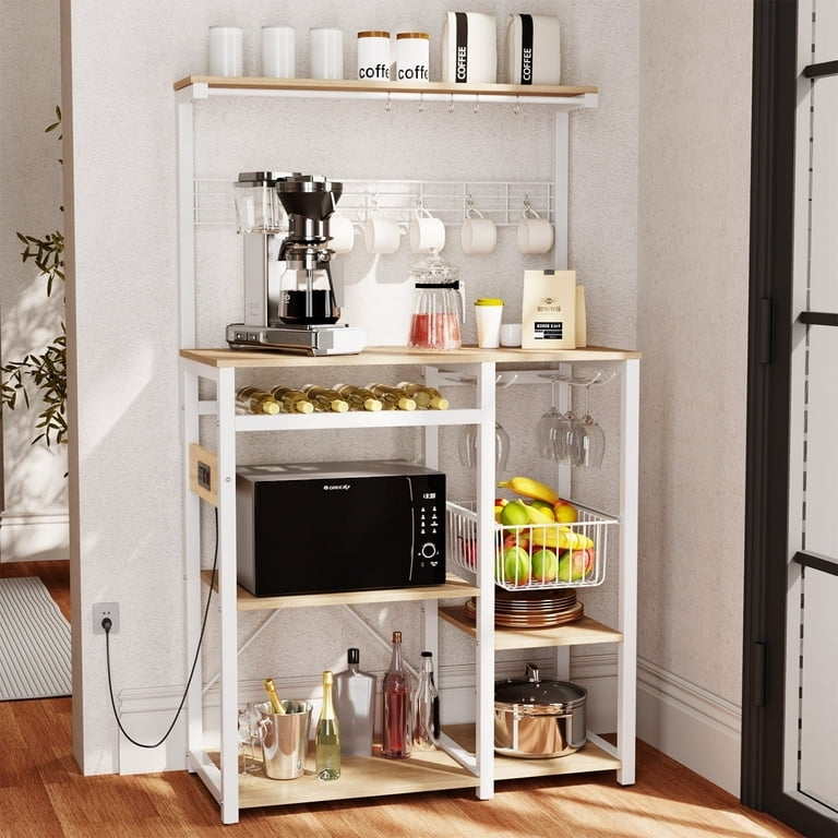 Farmhouse White Bakers Rack with Stemware Holder and Wine Rack