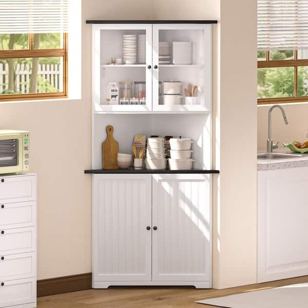 Farmhouse White Corner Pantry Organizer with Beadboard Doors