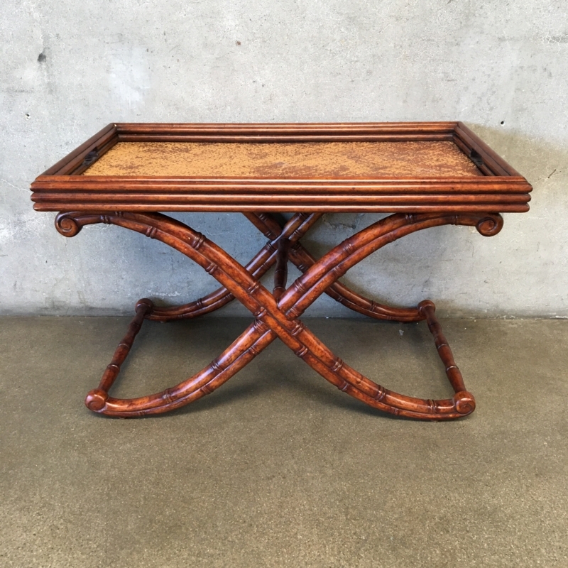 Faux Bamboo Tray Top Coffee Table Curved X-Base