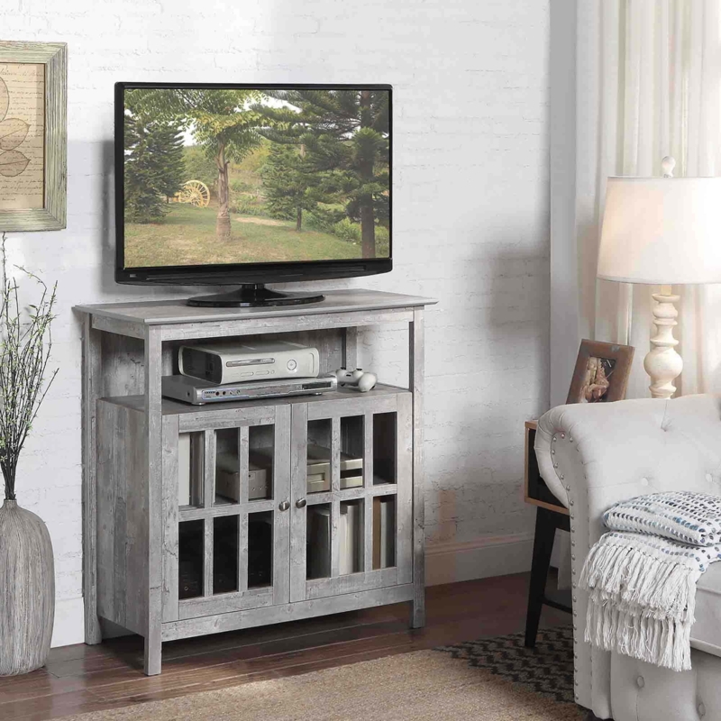 Faux Birch Highboy TV Stand Weathered Grey Windowpane Glass