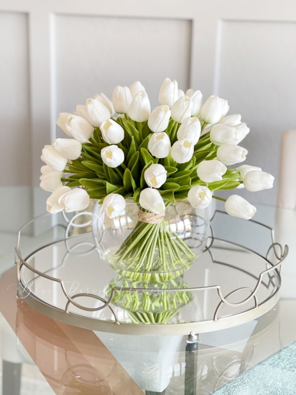 Faux Floral Arrangement, Large Scale, Mirrored Tray Base, White Tulips