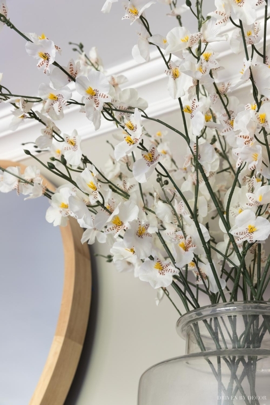Faux Flowers Realistic White Orchids Speckled Centers Clear Glass Botanical Style