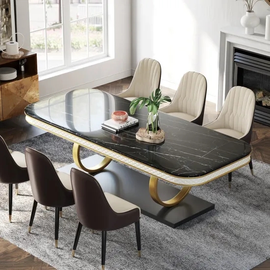 Faux Marble Dining Set: Black Top, Unique Gold Ring Pedestal Base