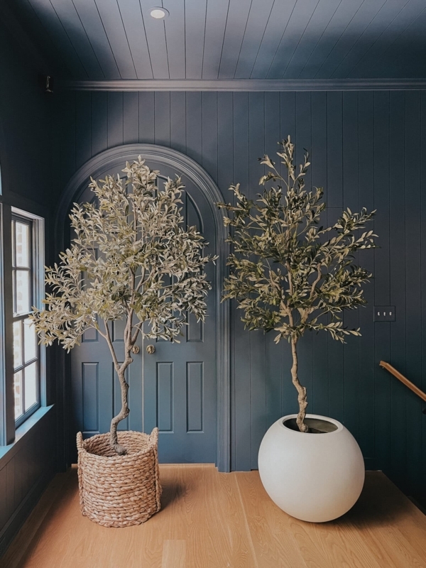 Faux Olive Trees Moody Navy Blue Entryway Spherical Planter