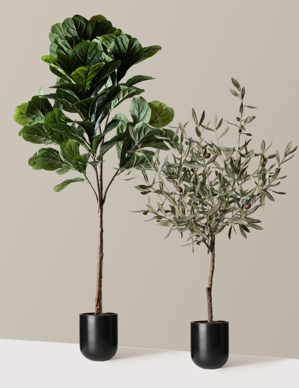 Faux Potted Trees Duo Fiddle Leaf Fig Olive Tree Minimalist Modern