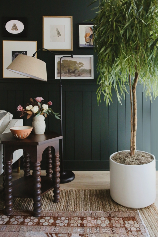 Faux Tree Airy Green Foliage Dark Green Wainscoting Moody