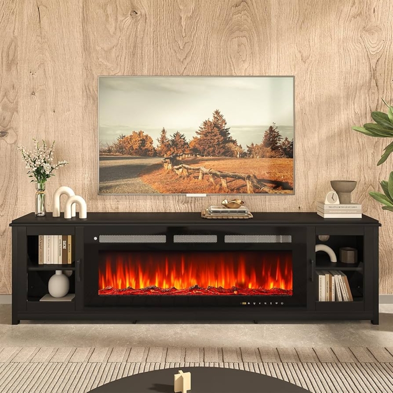 Fireplace Tv Stand 80 Inch Matte Black Mesh Vents Console