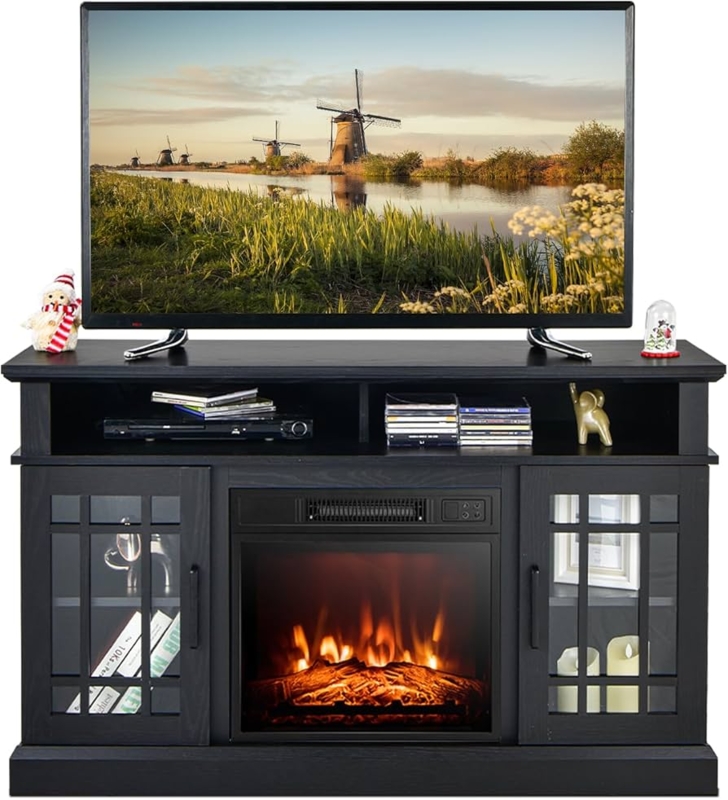 Fireplace Tv Stand Black Window Pane Cabinetry Console