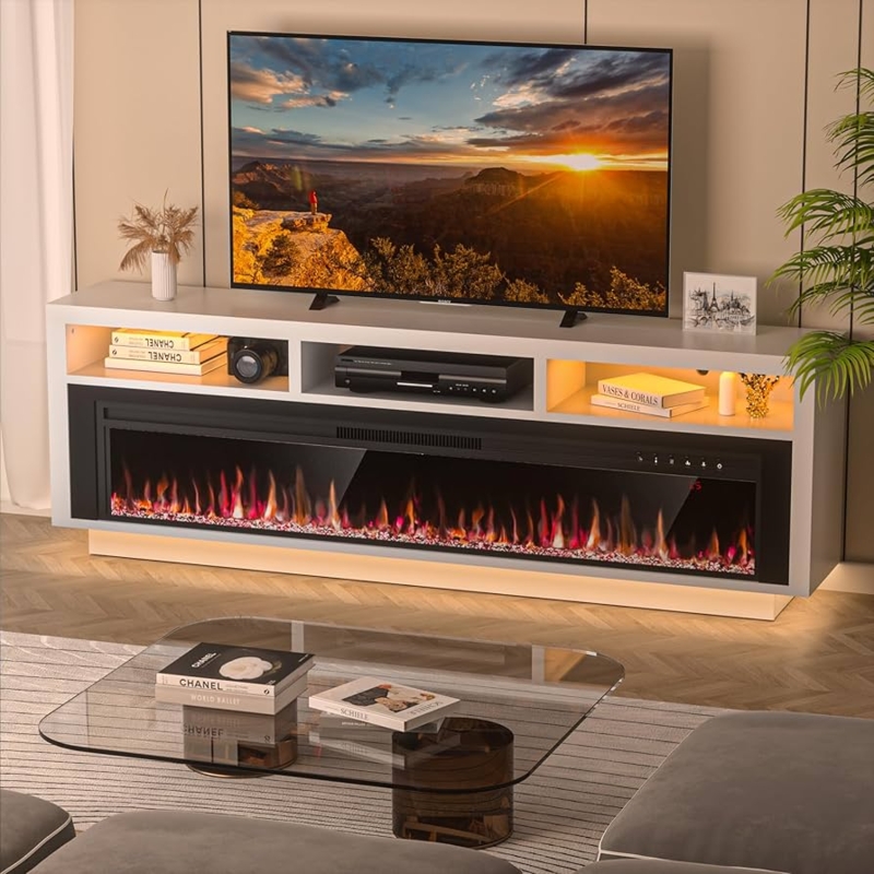 Fireplace Tv Stand Crisp White Wide Profile Console with LED
