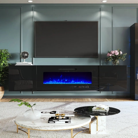 Fireplace TV Stand Floating Console with Blue LED Flames, Wall Mounted.