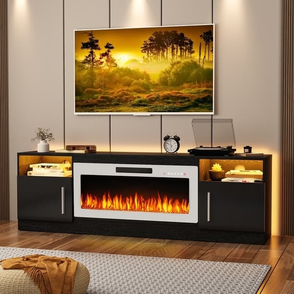 Fireplace Tv Stand Matte Black Contrast Frame LED Backlighting