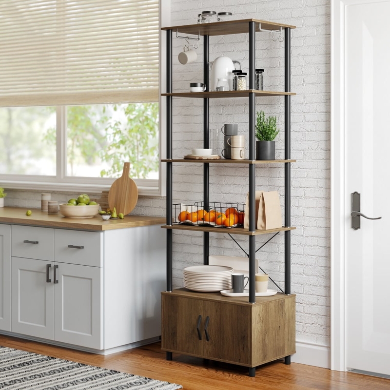 Five Tier Bakers Rack with Cabinet, Industrial Oak Pantry Storage