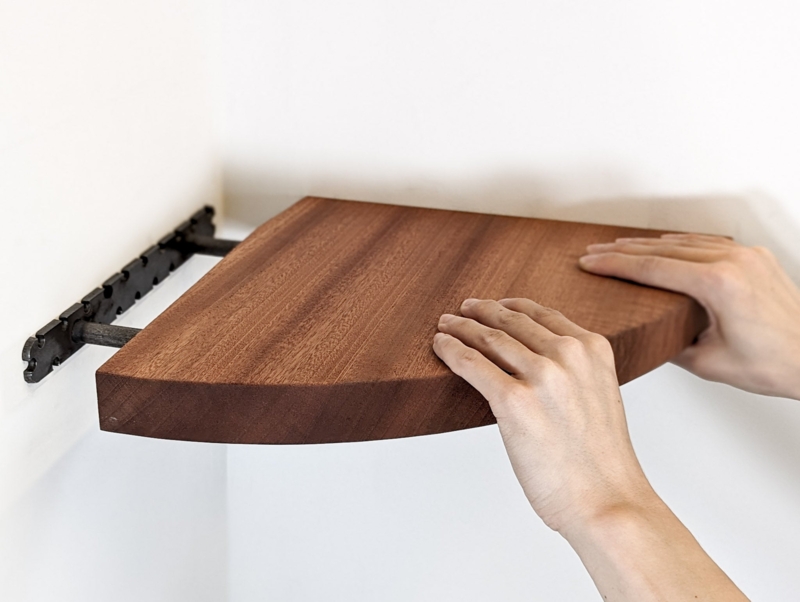 Floating Corner Shelf: Mahogany Tone, Rounded Edge, Industrial Bracket