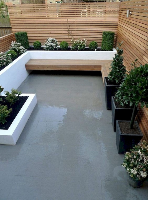 Floating Garden Bench Wood Slats White Masonry Planters Modern