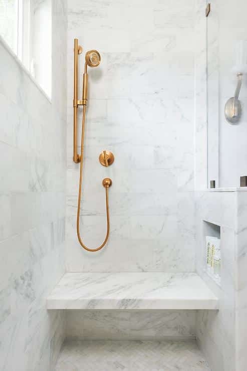 Floating Marble Shower Bench with Herringbone Floor Tile