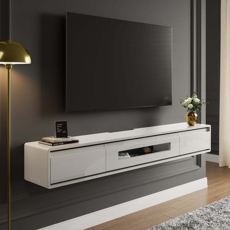 Floating Media Console: High Gloss Finish with Minimalist Rounded Corners.
