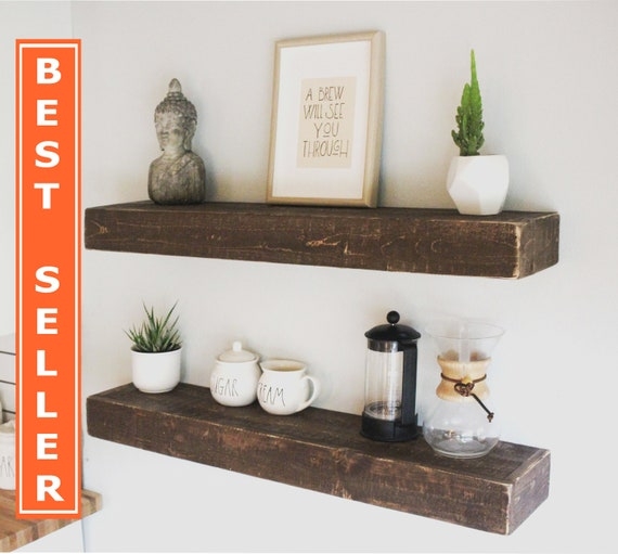 Floating Shelf Thick Wood Profile Distressed Edges Coffee Station
