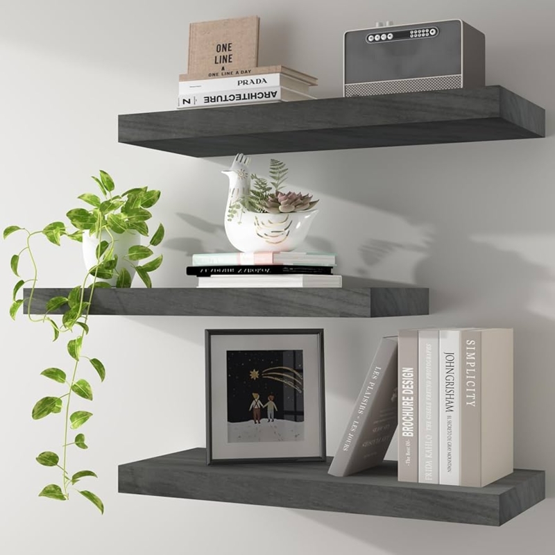 Floating Shelves Charcoal Wood Grain Staggered Layout Thick Box Design