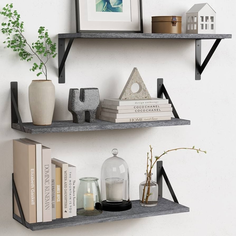 Floating Shelves Rustic Grey Triangular Metal Brackets Deep Profile