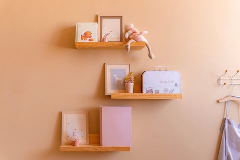 Floating Shelves Staggered Layout Light Wood Nursery Styling Scandi