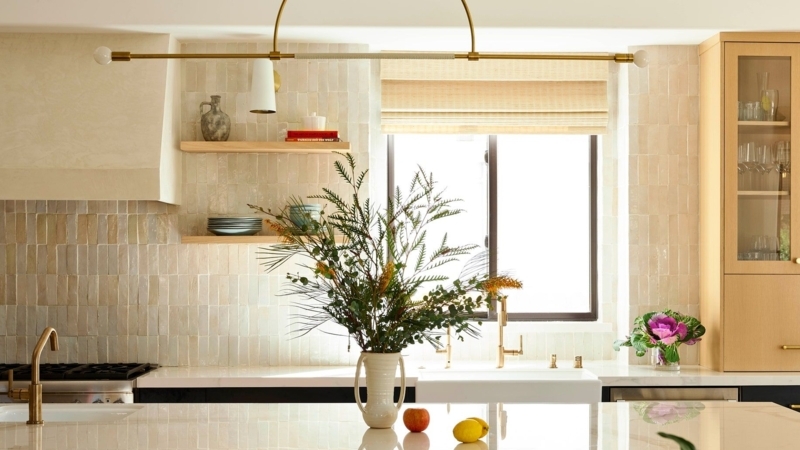 Floating Shelves Vertical Zellige Tile Honey Toned Arched Pendant