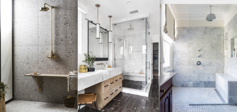Floating Timber Shower Bench Against Terrazzo Walls