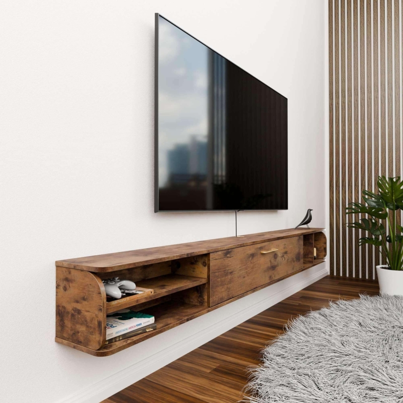 Floating TV Stand: Rustic Brown, Curved Ends, Gold Handle Accent.