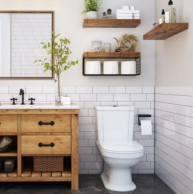 Floating Wood Shelves: Over-Toilet Storage with Black Wire Basket