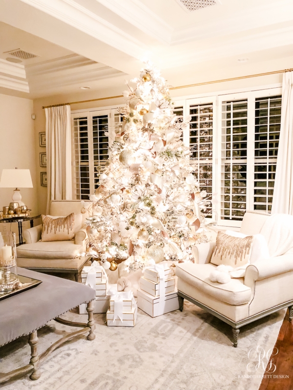 Flocked Christmas Tree: Champagne Ornaments, Glam Neutral Holiday Decor