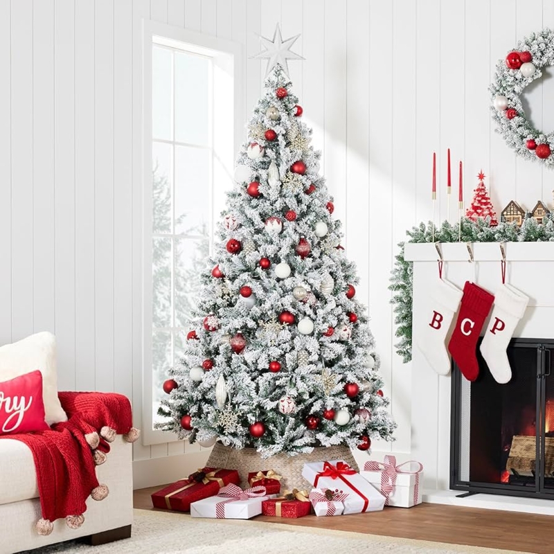 Flocked Christmas Tree: Red and White Palette, Woven Base, Traditional