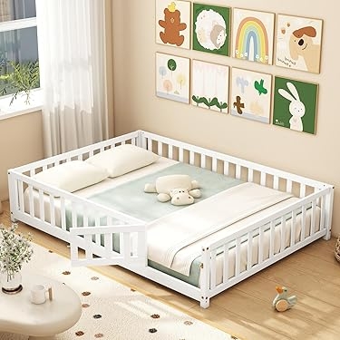 Floor Bed White Montessori Style with Safety Railings and Side Gate