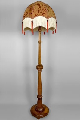Floor Lamp Art Deco Carved Oak Base Domed Shade Fringe Trim