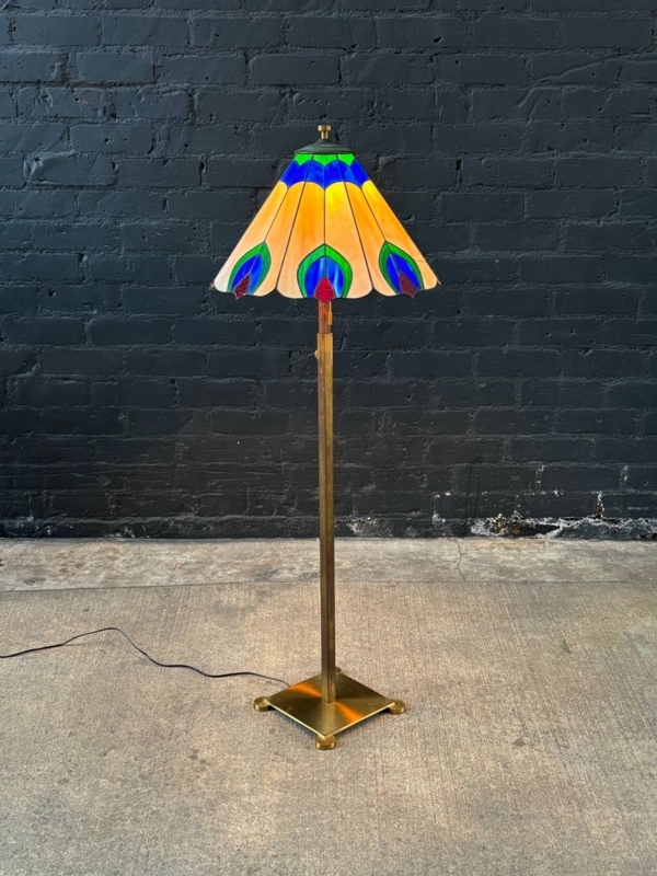 Floor Lamp Art Deco Stained Glass Peacock Motif Brass Base