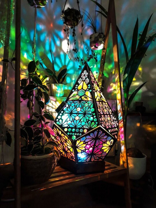 Floor Lamp: Bohemian Geometric Diamond Shape Light Projections Wood