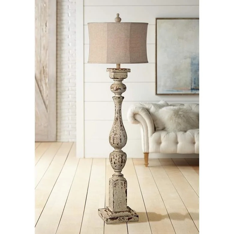 Floor Lamp Distressed White Spindle Column Rustic Farmhouse