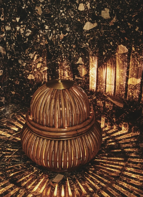 Floor Lamp: Organic Rattan Domed Silhouette Vertical Reeds Radial Shadow