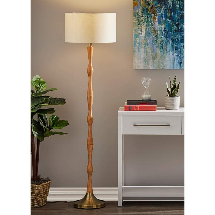 Floor Lamp Sculptural Spindle Column Warm Oak Brushed Gold Base