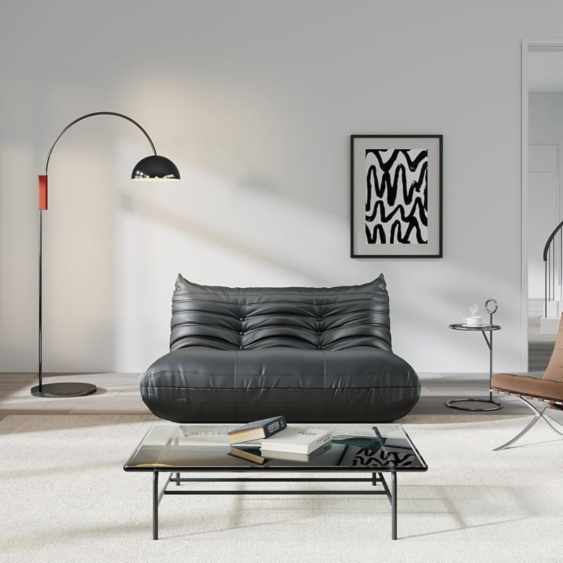 Floor Sofa, Channel Tufted Armless Couch, Black Leather