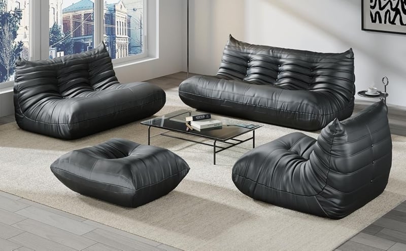 Floor Sofa Set, Black Leather-Like, Horizontal Ribbing