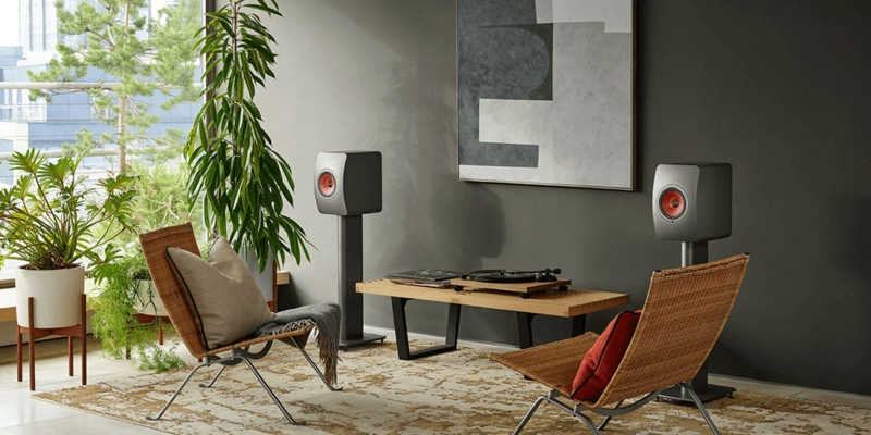 Floor Speaker Stands Thin Metal Legs Matte Minimalist Listening Room Setup